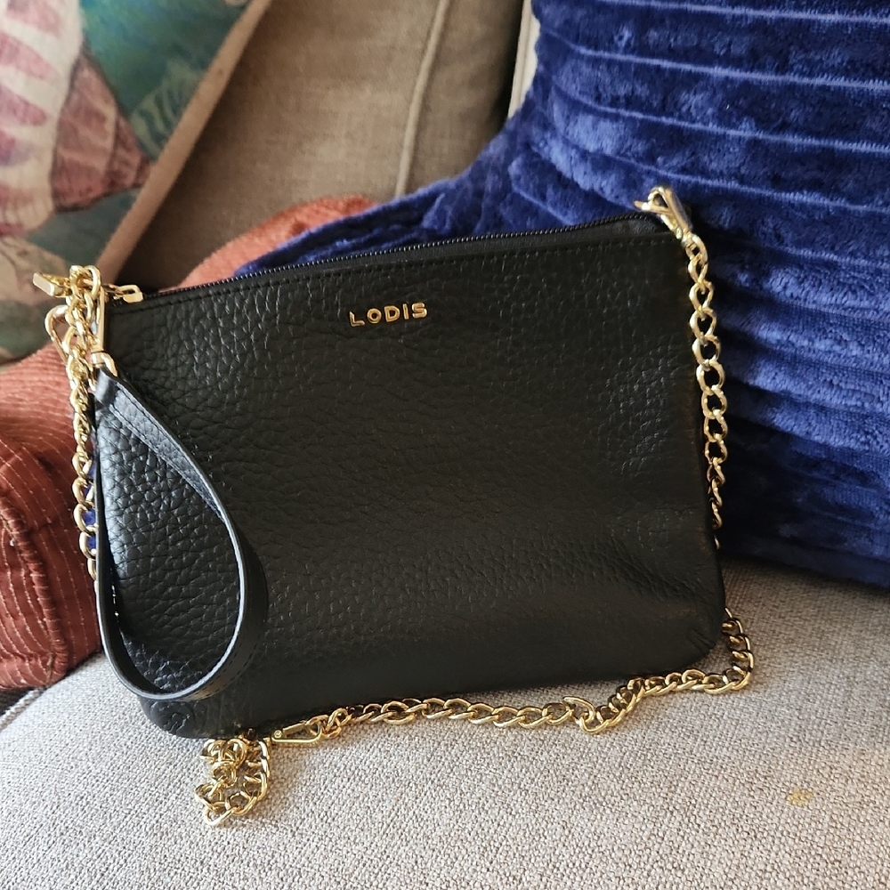 Lodis Black Leather Crossbody with Gold Chain